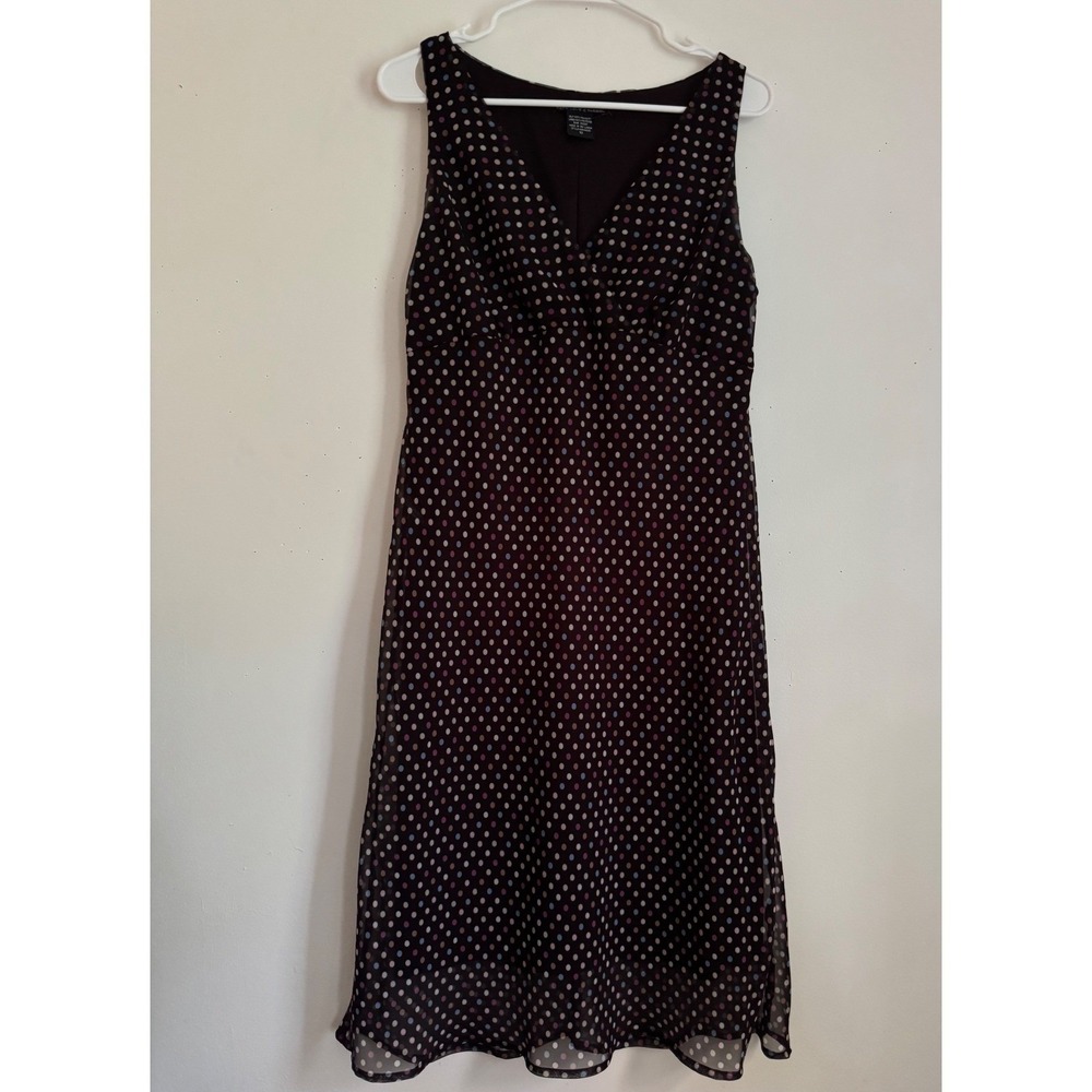 Y2K Black & Multicolor Polka Dot V-Neck Chiffon Midi Dress Size 12